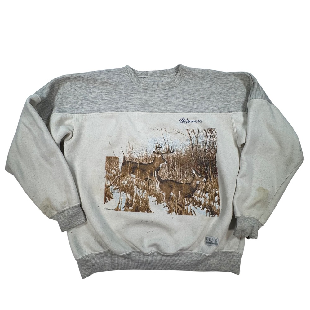 Vintage Gear for Sports Wisconsin Deer Sweatshirt Michael Sieve Grey Cream L